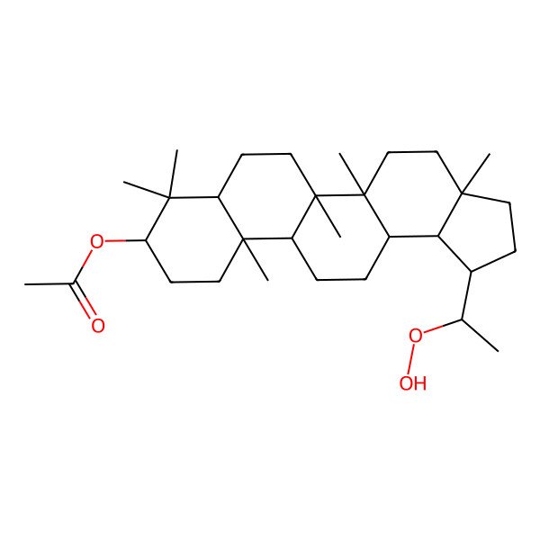 2D Structure of [(1R,3aR,5aR,5bR,7aR,9R,11aR,11bR,13aR,13bS)-1-[(1S)-1-hydroperoxyethyl]-3a,5a,5b,8,8,11a-hexamethyl-1,2,3,4,5,6,7,7a,9,10,11,11b,12,13,13a,13b-hexadecahydrocyclopenta[a]chrysen-9-yl] acetate