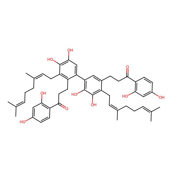 2D Structure of 1-(2,4-Dihydroxyphenyl)-3-[5-[2-[3-(2,4-dihydroxyphenyl)-3-oxopropyl]-3-(3,7-dimethylocta-2,6-dienyl)-4,5-dihydroxyphenyl]-2-(3,7-dimethylocta-2,6-dienyl)-3,4-dihydroxyphenyl]propan-1-one