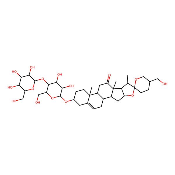 2D Structure of (1R,2S,4S,5'S,6R,7S,8R,9S,12S,13R,16S)-16-[(2R,3R,4S,5R,6R)-3,4-dihydroxy-6-(hydroxymethyl)-5-[(2S,3R,4S,5S,6R)-3,4,5-trihydroxy-6-(hydroxymethyl)oxan-2-yl]oxyoxan-2-yl]oxy-5'-(hydroxymethyl)-7,9,13-trimethylspiro[5-oxapentacyclo[10.8.0.02,9.04,8.013,18]icos-18-ene-6,2'-oxane]-10-one