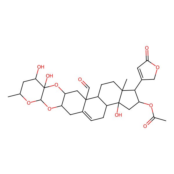 2D Structure of [14-formyl-9,10,22-trihydroxy-7,18-dimethyl-19-(5-oxo-2H-furan-3-yl)-4,6,11-trioxahexacyclo[12.11.0.03,12.05,10.015,23.018,22]pentacos-1(25)-en-20-yl] acetate