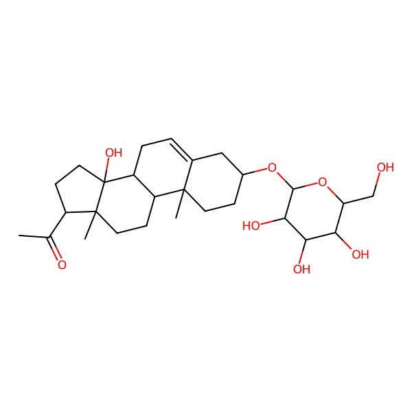 2D Structure of 1-[(3S,8R,9S,10R,13R,14S,17S)-14-hydroxy-10,13-dimethyl-3-[(2R,3R,4S,5S,6R)-3,4,5-trihydroxy-6-(hydroxymethyl)oxan-2-yl]oxy-1,2,3,4,7,8,9,11,12,15,16,17-dodecahydrocyclopenta[a]phenanthren-17-yl]ethanone