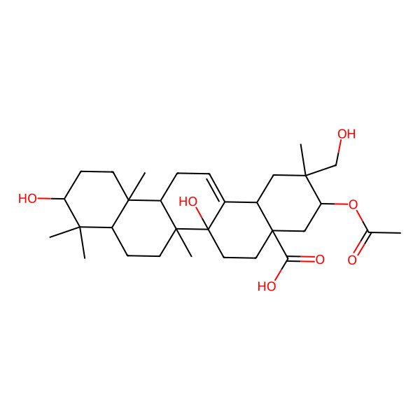 2D Structure of (2S,3S,4aR,6aR,6aR,6bR,8aR,10S,12aS,14bS)-3-acetyloxy-6a,10-dihydroxy-2-(hydroxymethyl)-2,6b,9,9,12a-pentamethyl-1,3,4,5,6,6a,7,8,8a,10,11,12,13,14b-tetradecahydropicene-4a-carboxylic acid