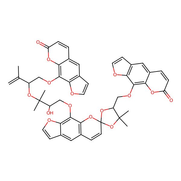 2D Structure of 9-[[(2R,4R)-9'-[(2R)-2-hydroxy-3-methyl-3-[(2S)-3-methyl-1-(7-oxofuro[3,2-g]chromen-9-yl)oxybut-3-en-2-yl]oxybutoxy]-5,5-dimethylspiro[1,3-dioxolane-2,7'-furo[3,2-g]chromene]-4-yl]methoxy]furo[3,2-g]chromen-7-one