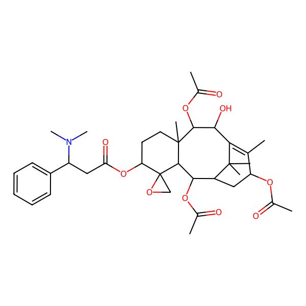 2D Structure of (2',9',13'-Triacetyloxy-10'-hydroxy-8',12',15',15'-tetramethylspiro[oxirane-2,4'-tricyclo[9.3.1.03,8]pentadec-11-ene]-5'-yl) 3-(dimethylamino)-3-phenylpropanoate