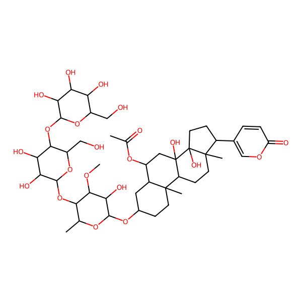 2D Structure of [(3S,5S,6R,8S,9R,10S,13R,14R,17R)-3-[(2R,3S,4S,5S,6S)-5-[(2S,3R,4R,5S,6R)-3,4-dihydroxy-6-(hydroxymethyl)-5-[(2S,3R,4S,5S,6R)-3,4,5-trihydroxy-6-(hydroxymethyl)oxan-2-yl]oxyoxan-2-yl]oxy-3-hydroxy-4-methoxy-6-methyloxan-2-yl]oxy-8,14-dihydroxy-10,13-dimethyl-17-(6-oxopyran-3-yl)-2,3,4,5,6,7,9,11,12,15,16,17-dodecahydro-1H-cyclopenta[a]phenanthren-6-yl] acetate
