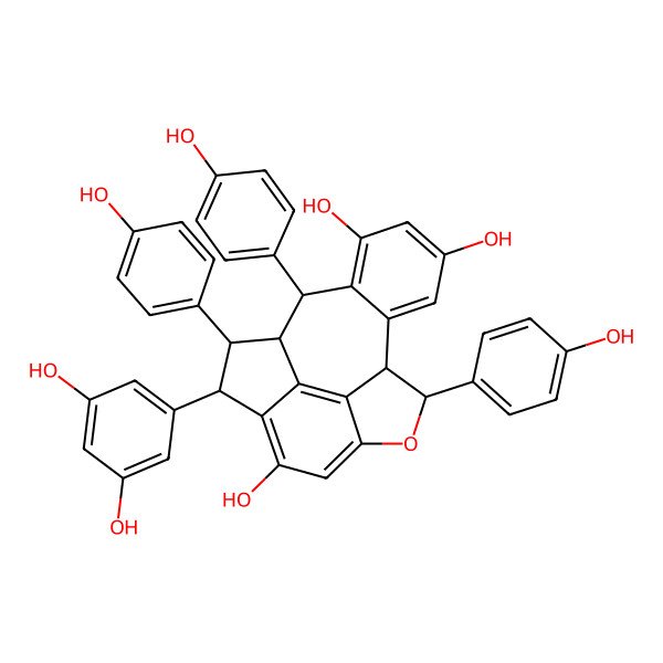 2D Structure of (1S,2S,3S,9R,10S,17S)-3-(3,5-dihydroxyphenyl)-2,9,17-tris(4-hydroxyphenyl)-8-oxapentacyclo[8.7.2.04,18.07,19.011,16]nonadeca-4(18),5,7(19),11(16),12,14-hexaene-5,13,15-triol