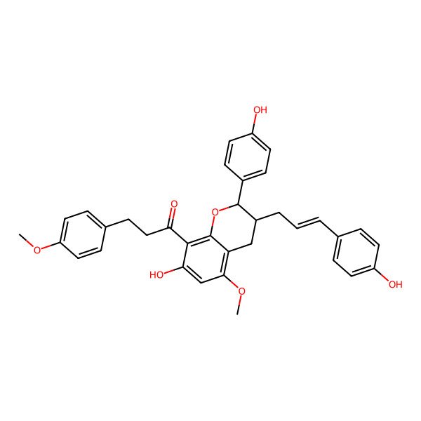 2D Structure of 1-[7-hydroxy-2-(4-hydroxyphenyl)-3-[3-(4-hydroxyphenyl)prop-2-enyl]-5-methoxy-3,4-dihydro-2H-chromen-8-yl]-3-(4-methoxyphenyl)propan-1-one