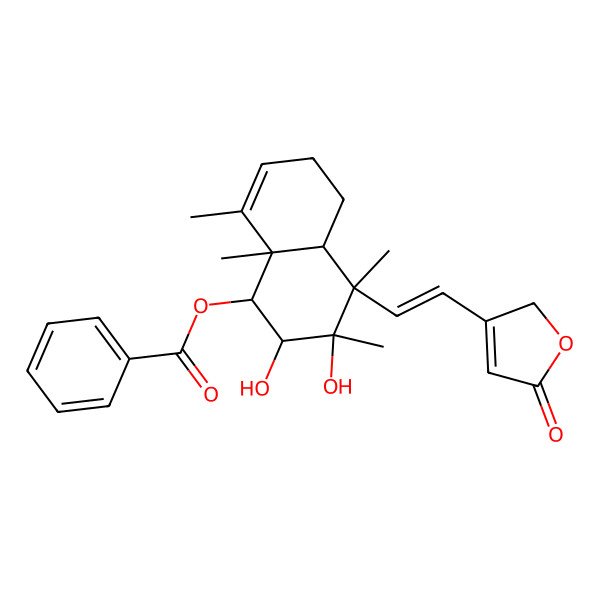 2D Structure of [(1R,2S,3R,4R,4aS,8aR)-2,3-dihydroxy-3,4,8,8a-tetramethyl-4-[(E)-2-(5-oxo-2H-furan-3-yl)ethenyl]-2,4a,5,6-tetrahydro-1H-naphthalen-1-yl] benzoate