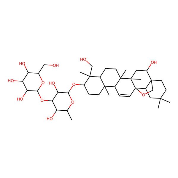 2D Structure of 2-[3,5-Dihydroxy-2-[[2-hydroxy-9-(hydroxymethyl)-4,5,9,13,20,20-hexamethyl-24-oxahexacyclo[15.5.2.01,18.04,17.05,14.08,13]tetracos-15-en-10-yl]oxy]-6-methyloxan-4-yl]oxy-6-(hydroxymethyl)oxane-3,4,5-triol