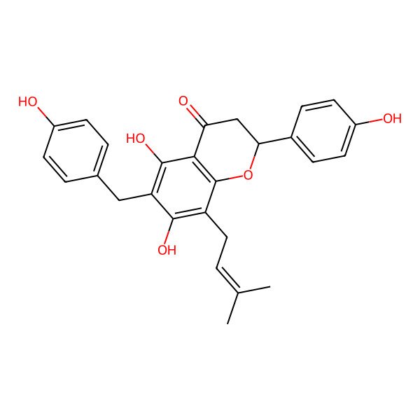 2D Structure of (2S)-5,7-dihydroxy-2-(4-hydroxyphenyl)-6-[(4-hydroxyphenyl)methyl]-8-(3-methylbut-2-enyl)-2,3-dihydrochromen-4-one