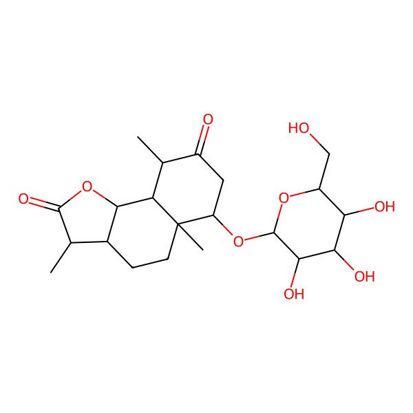 2D Structure of Naphtho[1,2-b]furan-2,8(3H,4H)-dione, 6-(I(2)-D-glucopyranosyloxy)octahydro-3,5a,9-trimethyl-, [3S-(3I+/-,3aI+/-,5aI(2),6I(2),9I+/-,9aI+/-,9bI(2))]-