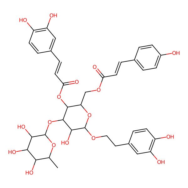 2D Structure of [(2R,3R,4R,5R,6R)-6-[2-(3,4-dihydroxyphenyl)ethoxy]-3-[(E)-3-(3,4-dihydroxyphenyl)prop-2-enoyl]oxy-5-hydroxy-4-[(2S,3R,4R,5R,6S)-3,4,5-trihydroxy-6-methyloxan-2-yl]oxyoxan-2-yl]methyl (E)-3-(4-hydroxyphenyl)prop-2-enoate