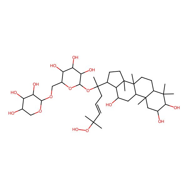 2D Structure of (2S,3R,4S,5S,6R)-2-[(E,2R)-6-hydroperoxy-6-methyl-2-[(2R,3R,5R,8R,9R,10R,12R,13R,14R,17S)-2,3,12-trihydroxy-4,4,8,10,14-pentamethyl-2,3,5,6,7,9,11,12,13,15,16,17-dodecahydro-1H-cyclopenta[a]phenanthren-17-yl]hept-4-en-2-yl]oxy-6-[[(2S,3R,4S,5R)-3,4,5-trihydroxyoxan-2-yl]oxymethyl]oxane-3,4,5-triol