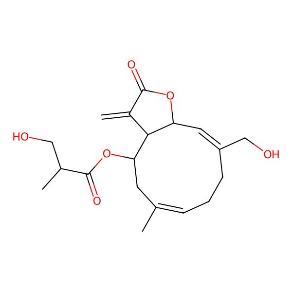 2D Structure of [(3aR,4S,6E,10Z,11aR)-10-(hydroxymethyl)-6-methyl-3-methylidene-2-oxo-3a,4,5,8,9,11a-hexahydrocyclodeca[b]furan-4-yl] (2S)-3-hydroxy-2-methylpropanoate