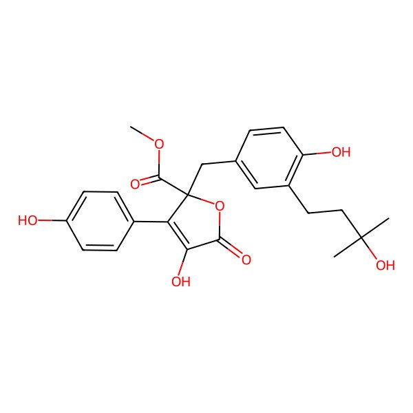 2D Structure of Methyl 4-hydroxy-2-[[4-hydroxy-3-(3-hydroxy-3-methylbutyl)phenyl]methyl]-3-(4-hydroxyphenyl)-5-oxofuran-2-carboxylate