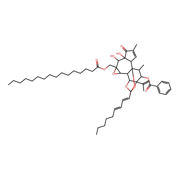 2D Structure of [(1R,2R,6S,7S,8R,10S,11S,12R,14S,16S,17R,18R)-8-(hexadecanoyloxymethyl)-6,7-dihydroxy-4,18-dimethyl-14-[(1E,3E)-nona-1,3-dienyl]-5-oxo-16-prop-1-en-2-yl-9,13,15,19-tetraoxahexacyclo[12.4.1.01,11.02,6.08,10.012,16]nonadec-3-en-17-yl] benzoate