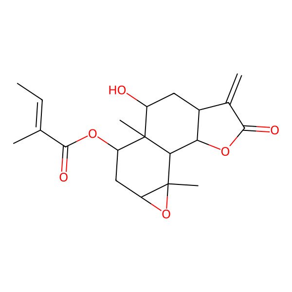 2D Structure of (8-Hydroxy-9,14-dimethyl-5-methylidene-4-oxo-3,13-dioxatetracyclo[7.5.0.02,6.012,14]tetradecan-10-yl) 2-methylbut-2-enoate