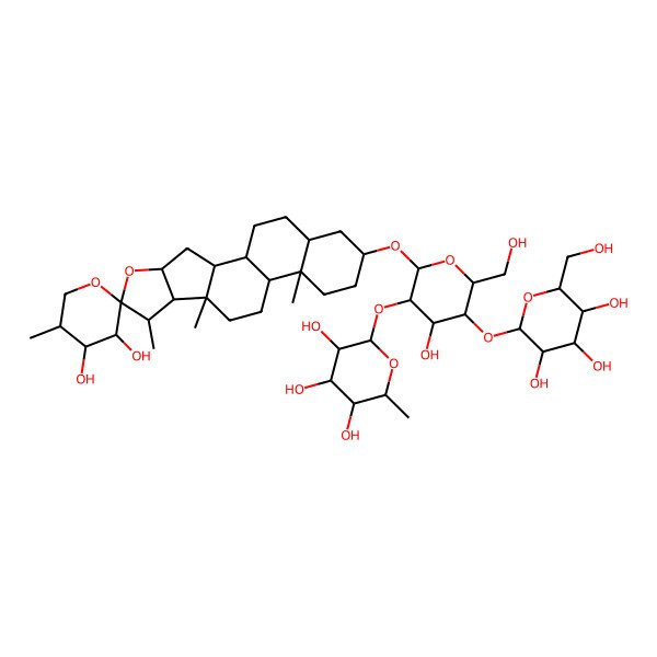 2D Structure of (2S,3R,4R,5R,6S)-2-[(2R,3R,4S,5R,6R)-2-[(1R,2S,3'S,4S,4'R,5'R,6S,7S,8R,9S,12S,13S,16S,18S)-3',4'-dihydroxy-5',7,9,13-tetramethylspiro[5-oxapentacyclo[10.8.0.02,9.04,8.013,18]icosane-6,2'-oxane]-16-yl]oxy-4-hydroxy-6-(hydroxymethyl)-5-[(2S,3R,4S,5S,6R)-3,4,5-trihydroxy-6-(hydroxymethyl)oxan-2-yl]oxyoxan-3-yl]oxy-6-methyloxane-3,4,5-triol
