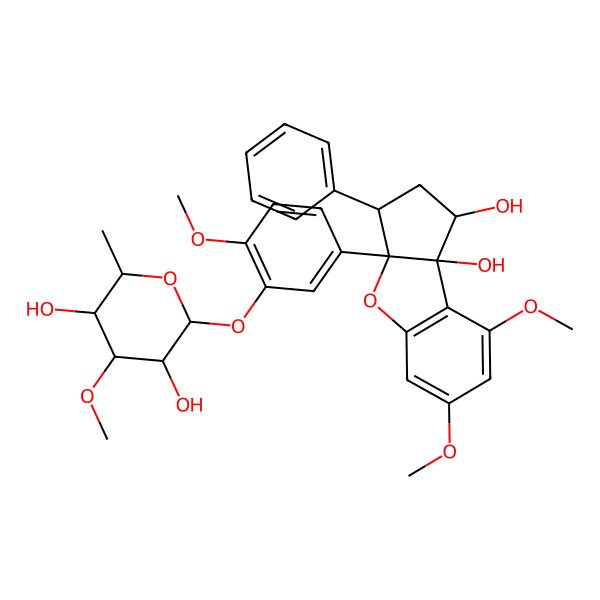 2D Structure of (1R,3S,3aR,8bS)-3a-[3-[(2S,3R,4R,5S,6S)-3,5-dihydroxy-4-methoxy-6-methyloxan-2-yl]oxy-4-methoxyphenyl]-6,8-dimethoxy-3-phenyl-2,3-dihydro-1H-cyclopenta[b][1]benzofuran-1,8b-diol