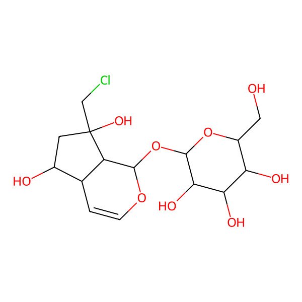 2D Structure of (2S,3R,4S,5S,6R)-2-[[(1S,4aR,5R,7S,7aS)-7-(chloromethyl)-5,7-dihydroxy-4a,5,6,7a-tetrahydro-1H-cyclopenta[c]pyran-1-yl]oxy]-6-(hydroxymethyl)oxane-3,4,5-triol