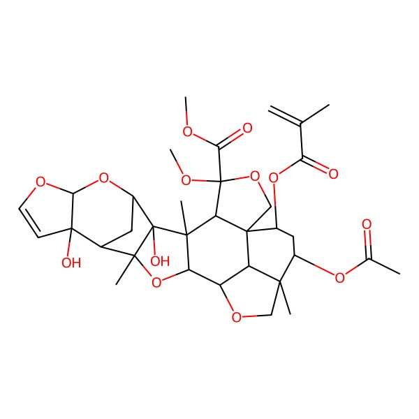 2D Structure of methyl (1R,4R,5S,6R,7S,8R,10R,14R,15R,16S,18R,19S,22S,23S,25R,26R)-23-acetyloxy-7,14-dihydroxy-4-methoxy-6,16,22-trimethyl-25-(2-methylprop-2-enoyloxy)-3,9,11,17,20-pentaoxaoctacyclo[17.6.1.18,15.01,5.06,18.07,16.010,14.022,26]heptacos-12-ene-4-carboxylate