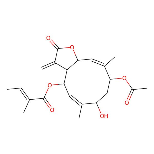 2D Structure of (9-Acetyloxy-7-hydroxy-6,10-dimethyl-3-methylidene-2-oxo-3a,4,7,8,9,11a-hexahydrocyclodeca[b]furan-4-yl) 2-methylbut-2-enoate