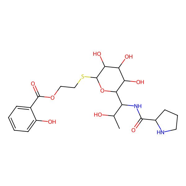 2D Structure of 2-[3,4,5-Trihydroxy-6-[2-hydroxy-1-(pyrrolidine-2-carbonylamino)propyl]oxan-2-yl]sulfanylethyl 2-hydroxybenzoate