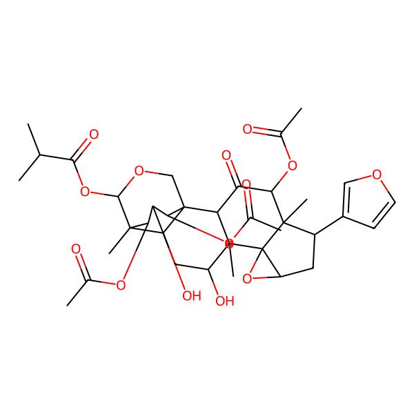2D Structure of [(1S,2R,4R,5S,6R,8S,10R,11S,12S,14R,15R,16S,19R,20S,21R)-4,19,21-triacetyloxy-6-(furan-3-yl)-12,20-dihydroxy-5,11,15-trimethyl-3-oxo-9,17-dioxahexacyclo[13.3.3.01,14.02,11.05,10.08,10]henicosan-16-yl] 2-methylpropanoate