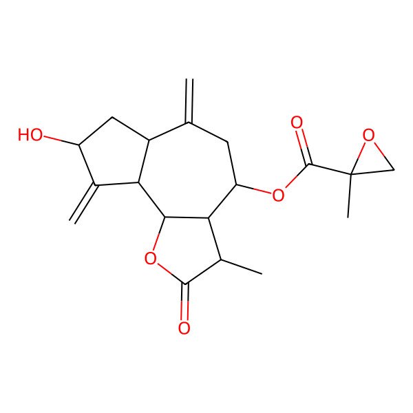 2D Structure of (8-hydroxy-3-methyl-6,9-dimethylidene-2-oxo-3a,4,5,6a,7,8,9a,9b-octahydro-3H-azuleno[4,5-b]furan-4-yl) 2-methyloxirane-2-carboxylate