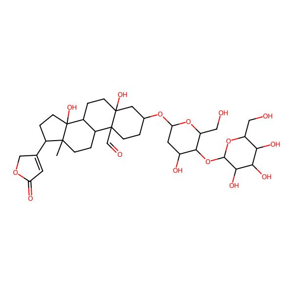 2D Structure of (3S,5S,8R,9S,10S,13S,14R,17S)-5,14-dihydroxy-3-[(2R,4R,5S,6R)-4-hydroxy-6-(hydroxymethyl)-5-[(2S,3R,4S,5S,6R)-3,4,5-trihydroxy-6-(hydroxymethyl)oxan-2-yl]oxyoxan-2-yl]oxy-13-methyl-17-(5-oxo-2H-furan-3-yl)-2,3,4,6,7,8,9,11,12,15,16,17-dodecahydro-1H-cyclopenta[a]phenanthrene-10-carbaldehyde