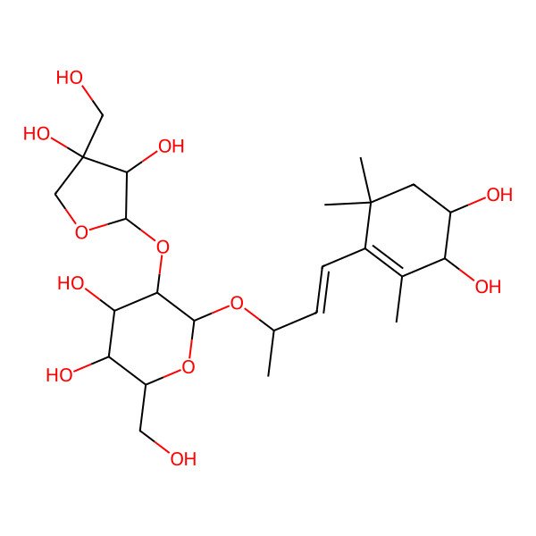 2D Structure of (2R,3S,4S,5R,6R)-5-[(2S,3R,4R)-3,4-dihydroxy-4-(hydroxymethyl)oxolan-2-yl]oxy-6-[(E,2R)-4-[(3R,4S)-3,4-dihydroxy-2,6,6-trimethylcyclohexen-1-yl]but-3-en-2-yl]oxy-2-(hydroxymethyl)oxane-3,4-diol