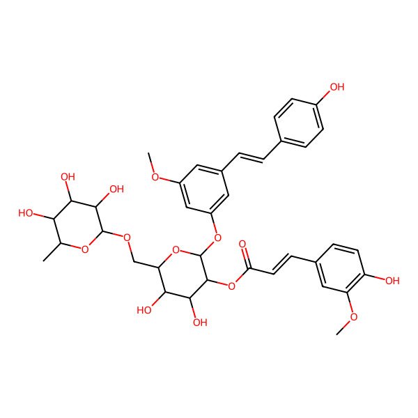 2D Structure of [(2S,3R,4S,5S,6R)-4,5-dihydroxy-2-[3-[(E)-2-(4-hydroxyphenyl)ethenyl]-5-methoxyphenoxy]-6-[[(2R,3R,4R,5R,6S)-3,4,5-trihydroxy-6-methyloxan-2-yl]oxymethyl]oxan-3-yl] (E)-3-(4-hydroxy-3-methoxyphenyl)prop-2-enoate