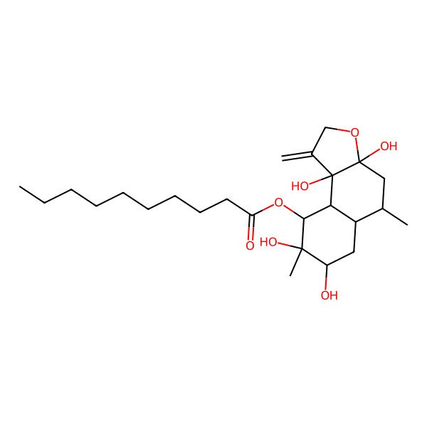2D Structure of (3a,7,8,9b-tetrahydroxy-5,8-dimethyl-1-methylidene-5,5a,6,7,9,9a-hexahydro-4H-benzo[e][1]benzofuran-9-yl) decanoate