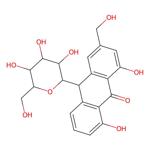 2D Structure of 1,8-dihydroxy-3-(hydroxymethyl)-10-[(2S,3R,4S,5S,6R)-3,4,5-trihydroxy-6-(hydroxymethyl)oxan-2-yl]-10H-anthracen-9-one