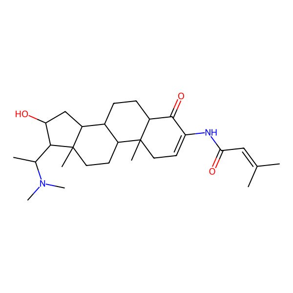 2D Structure of N-[17-[1-(dimethylamino)ethyl]-16-hydroxy-10,13-dimethyl-4-oxo-1,5,6,7,8,9,11,12,14,15,16,17-dodecahydrocyclopenta[a]phenanthren-3-yl]-3-methylbut-2-enamide
