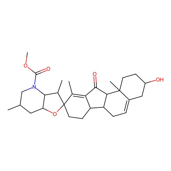 2D Structure of methyl (3S,3'S,3'aS,6'S,6aS,6bR,7'aS,9R,11aR,11bR)-3-hydroxy-3',6',10,11b-tetramethyl-11-oxospiro[1,2,3,4,6,6a,6b,7,8,11a-decahydrobenzo[a]fluorene-9,2'-3,3a,5,6,7,7a-hexahydrofuro[3,2-b]pyridine]-4'-carboxylate