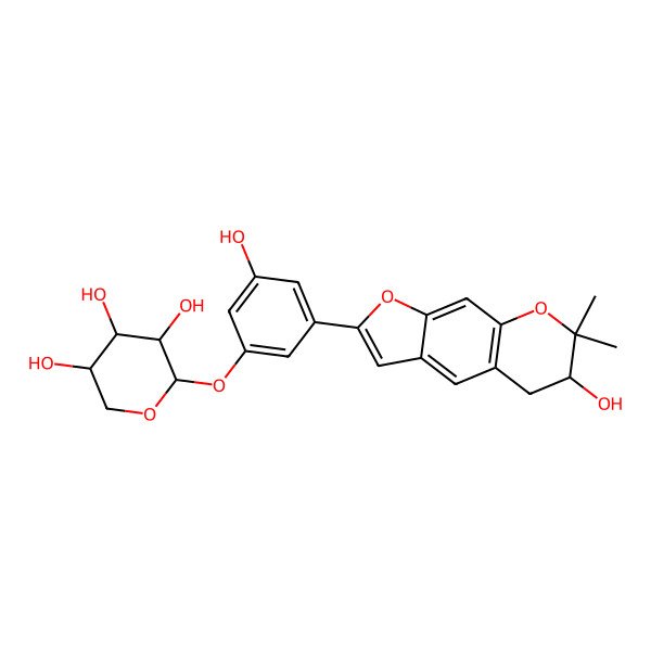 2D Structure of (2R,3S,4S,5S)-2-[3-hydroxy-5-[(6R)-6-hydroxy-7,7-dimethyl-5,6-dihydrofuro[3,2-g]chromen-2-yl]phenoxy]oxane-3,4,5-triol