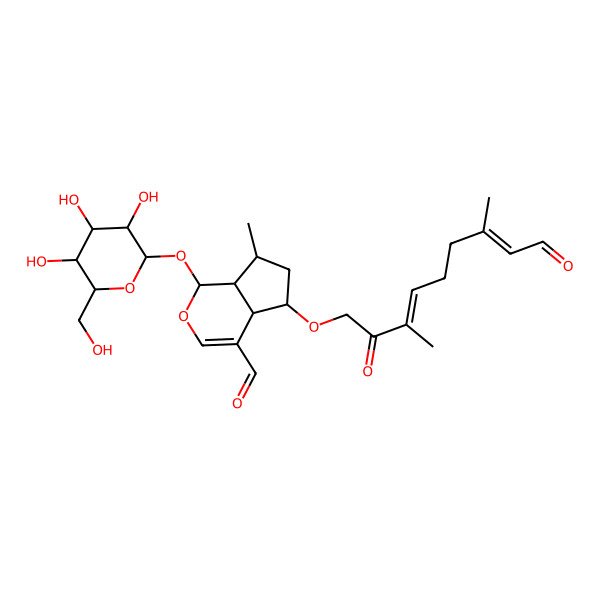 2D Structure of 5-(3,7-Dimethyl-2,9-dioxonona-3,7-dienoxy)-7-methyl-1-[3,4,5-trihydroxy-6-(hydroxymethyl)oxan-2-yl]oxy-1,4a,5,6,7,7a-hexahydrocyclopenta[c]pyran-4-carbaldehyde