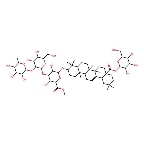 2D Structure of Methyl 6-[[4,4,6a,6b,11,11,14b-heptamethyl-8a-[3,4,5-trihydroxy-6-(hydroxymethyl)oxan-2-yl]oxycarbonyl-1,2,3,4a,5,6,7,8,9,10,12,12a,14,14a-tetradecahydropicen-3-yl]oxy]-4-[4,5-dihydroxy-6-(hydroxymethyl)-3-(3,4,5-trihydroxy-6-methyloxan-2-yl)oxyoxan-2-yl]oxy-3,5-dihydroxyoxane-2-carboxylate