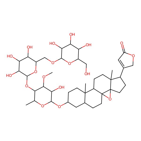 2D Structure of 3-[(1S,3R,6R,7R,10R,11S,14S,16R)-14-[(2R,3R,4R,5S,6R)-3-hydroxy-4-methoxy-6-methyl-5-[(2S,3R,4S,5S,6R)-3,4,5-trihydroxy-6-[[(2R,3R,4S,5S,6R)-3,4,5-trihydroxy-6-(hydroxymethyl)oxan-2-yl]oxymethyl]oxan-2-yl]oxyoxan-2-yl]oxy-7,11-dimethyl-2-oxapentacyclo[8.8.0.01,3.03,7.011,16]octadecan-6-yl]-2H-furan-5-one