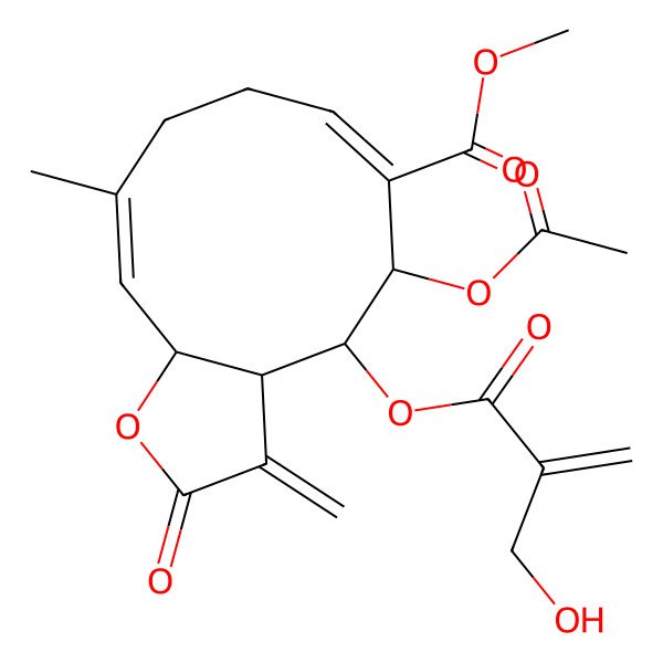 2D Structure of methyl (3aS,4S,5S,6E,10E,11aR)-5-acetyloxy-4-[2-(hydroxymethyl)prop-2-enoyloxy]-10-methyl-3-methylidene-2-oxo-3a,4,5,8,9,11a-hexahydrocyclodeca[b]furan-6-carboxylate