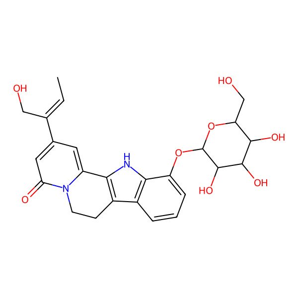 2D Structure of 2-(1-hydroxybut-2-en-2-yl)-11-[3,4,5-trihydroxy-6-(hydroxymethyl)oxan-2-yl]oxy-7,12-dihydro-6H-indolo[2,3-a]quinolizin-4-one
