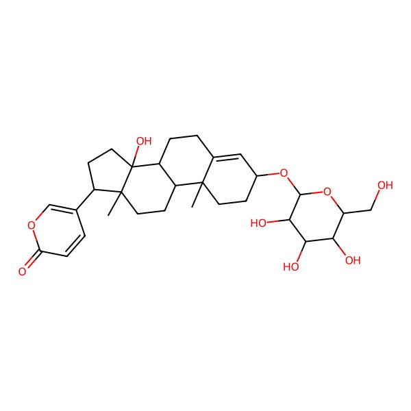 2D Structure of 5-[14-Hydroxy-10,13-dimethyl-3-[3,4,5-trihydroxy-6-(hydroxymethyl)oxan-2-yl]oxy-1,2,3,6,7,8,9,11,12,15,16,17-dodecahydrocyclopenta[a]phenanthren-17-yl]pyran-2-one