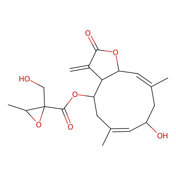 2D Structure of [(3aS,4R,6E,8R,10E,11aR)-8-hydroxy-6,10-dimethyl-3-methylidene-2-oxo-3a,4,5,8,9,11a-hexahydrocyclodeca[b]furan-4-yl] (2R,3R)-2-(hydroxymethyl)-3-methyloxirane-2-carboxylate