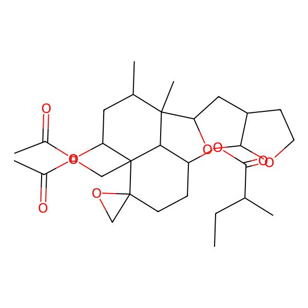 2D Structure of [8-(2,3,3a,4,5,6a-hexahydrofuro[2,3-b]furan-5-yl)-5-acetyloxy-4a-(acetyloxymethyl)-7,8-dimethylspiro[2,3,5,6,7,8a-hexahydro-1H-naphthalene-4,2'-oxirane]-1-yl] 2-methylbutanoate