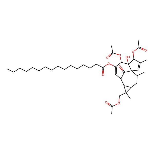 2D Structure of [(1S,4S,5R,6S,9R,10R,11R,12R,14R)-4,6-diacetyloxy-11-(acetyloxymethyl)-5-hydroxy-3,11,14-trimethyl-15-oxo-7-tetracyclo[7.5.1.01,5.010,12]pentadeca-2,7-dienyl] hexadecanoate