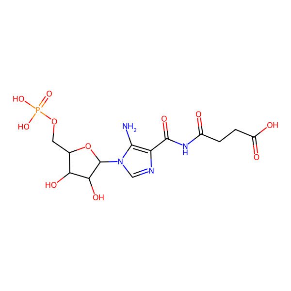 2D Structure of 4-[[5-amino-1-[(2R,3R,4R,5S)-3,4-dihydroxy-5-(phosphonooxymethyl)oxolan-2-yl]imidazole-4-carbonyl]amino]-4-oxobutanoic acid