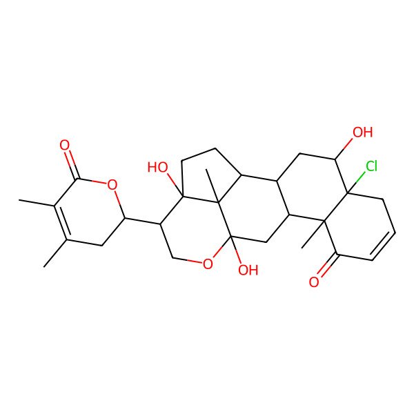 2D Structure of (1S,2S,4R,5R,10S,11S,13S,16R,17R,20S)-5-chloro-16-[(2R)-4,5-dimethyl-6-oxo-2,3-dihydropyran-2-yl]-4,13,17-trihydroxy-10,20-dimethyl-14-oxapentacyclo[11.6.1.02,11.05,10.017,20]icos-7-en-9-one