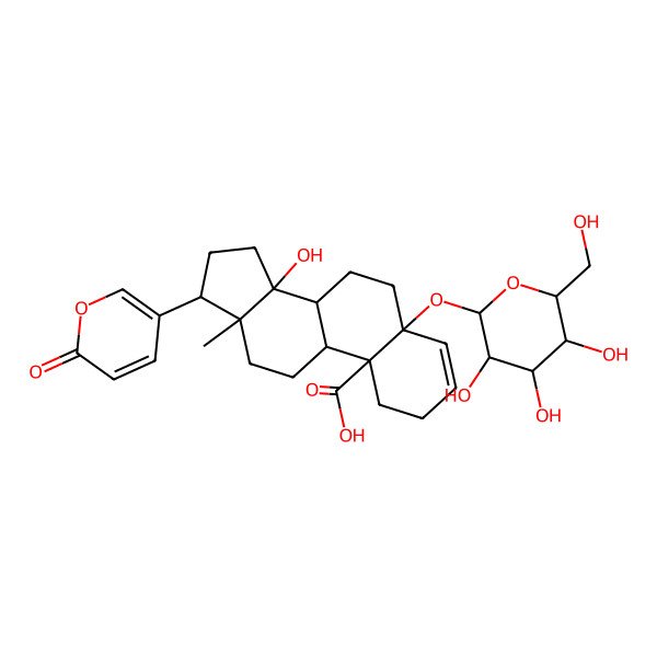 2D Structure of 14-hydroxy-13-methyl-17-(6-oxopyran-3-yl)-5-[3,4,5-trihydroxy-6-(hydroxymethyl)oxan-2-yl]oxy-2,6,7,8,9,11,12,15,16,17-decahydro-1H-cyclopenta[a]phenanthrene-10-carboxylic acid