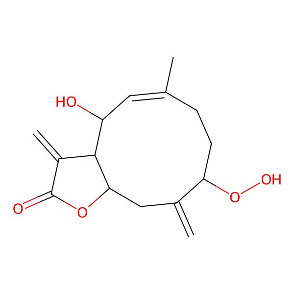 2D Structure of 9-hydroperoxy-4-hydroxy-6-methyl-3,10-dimethylidene-4,7,8,9,11,11a-hexahydro-3aH-cyclodeca[b]furan-2-one